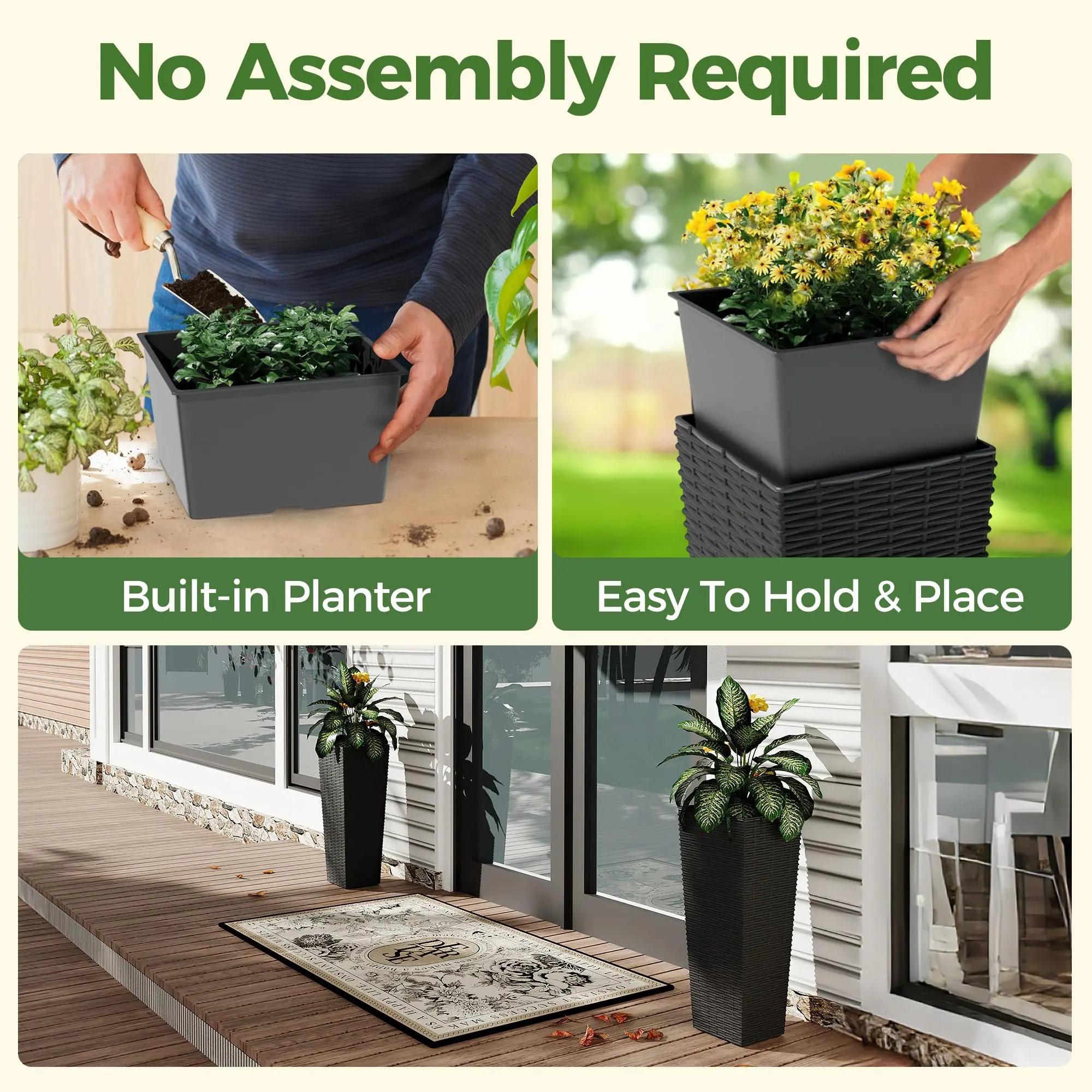 GARVEESet of 2 Tall Planters for Outdoor Plants, 24 Inch Decorative Planter  Pots with 4