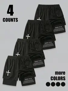 Men's 4-Pack Cross Print Sport Shorts, Graphic Casual Shorts, Cross Pattern, Drawstring Waist, Quick-Dry Five-Pocket Pants, Summer Fitness Beachwear, Casual Fitted Style