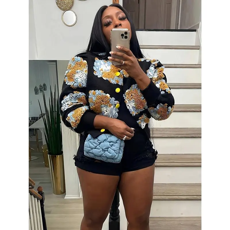 Women's Casual Floral Print Crop Jacket - Long Sleeve Button Front Lightweight Jacket for Fall & Winter, Machine Washable Layering Piece with Vibrant Multicolor Design, Cute Jacket Womenswear Coats