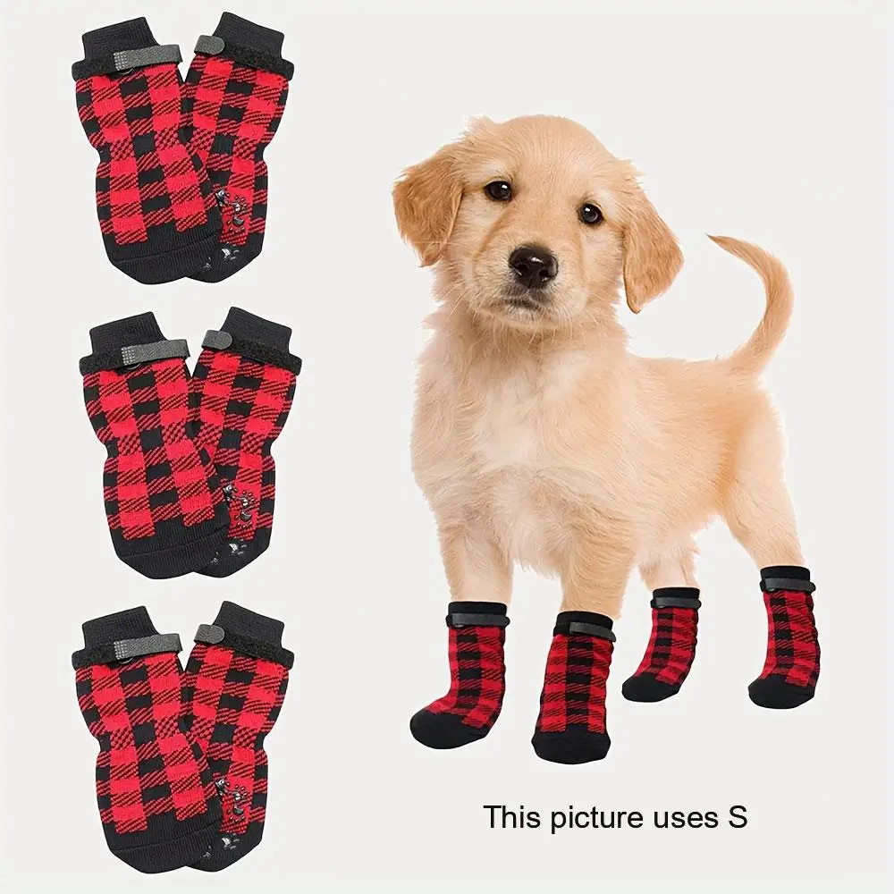 4pcs Cute Tartan Pet Dog Socks, Outdoor & Indoor Non-slip Dog Shoes for Dogs, Pet Paw Protectors, Pet Supplies