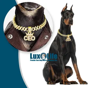 Gold Dog Chain Collar Necklace with diamond pendant "CEO" letter Wearing a crown,Diamond Cuban Link Dog Collar 15mm Wide Dog Necklace Metal Cat Chain Pet Crystal Collar Jewelry Accessories for Small Medium Large Dogs Cats