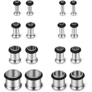 16 count Ear Tunnels Stretching Kit Stainless Steel Gauge Plugs Set Single Flared Expanders 12G-00G (2mm-10mm)