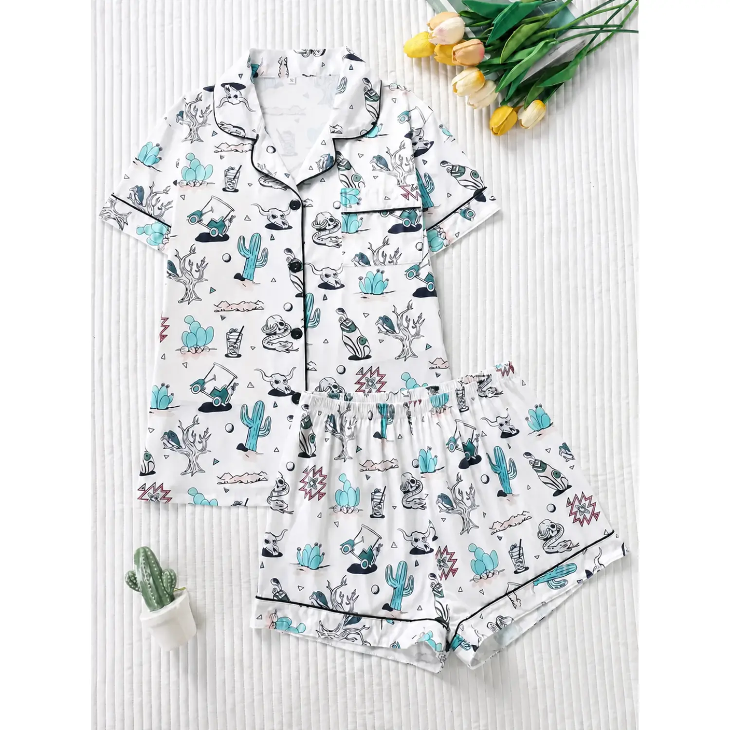 Women's Western Desert Cactus Skull Print Pajama Set - Button Front Short Sleeve Top and Comfortable Elastic Shorts Sleepwear