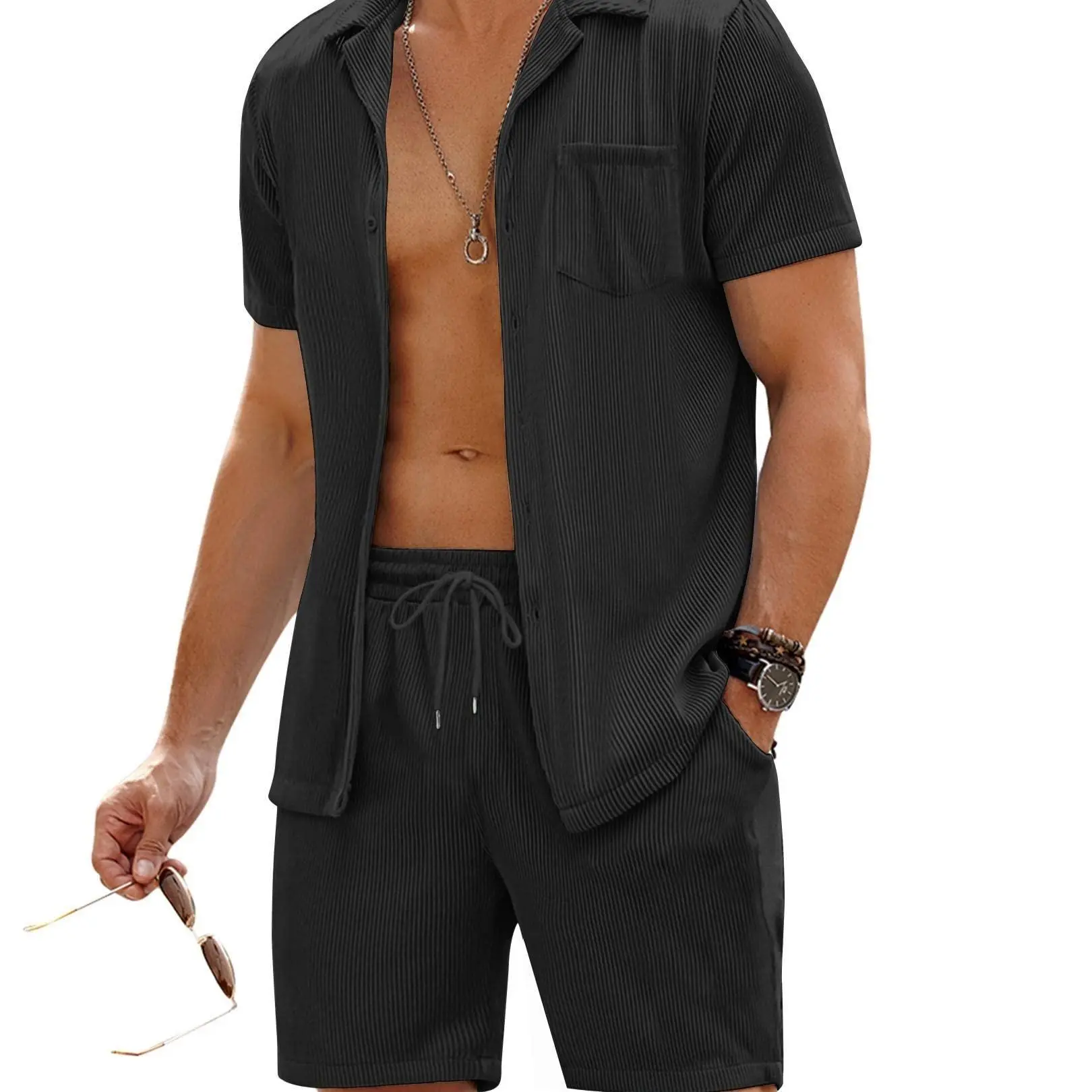 COOFANDY Menswear 2-Piece Classic Hawaiian Comfy Shirt Set - Short-Sleeve Casual Button-Down Hippie Top, Pleated Shorts for Summer Beach Outfits, Streetwear, Tropical, Soft