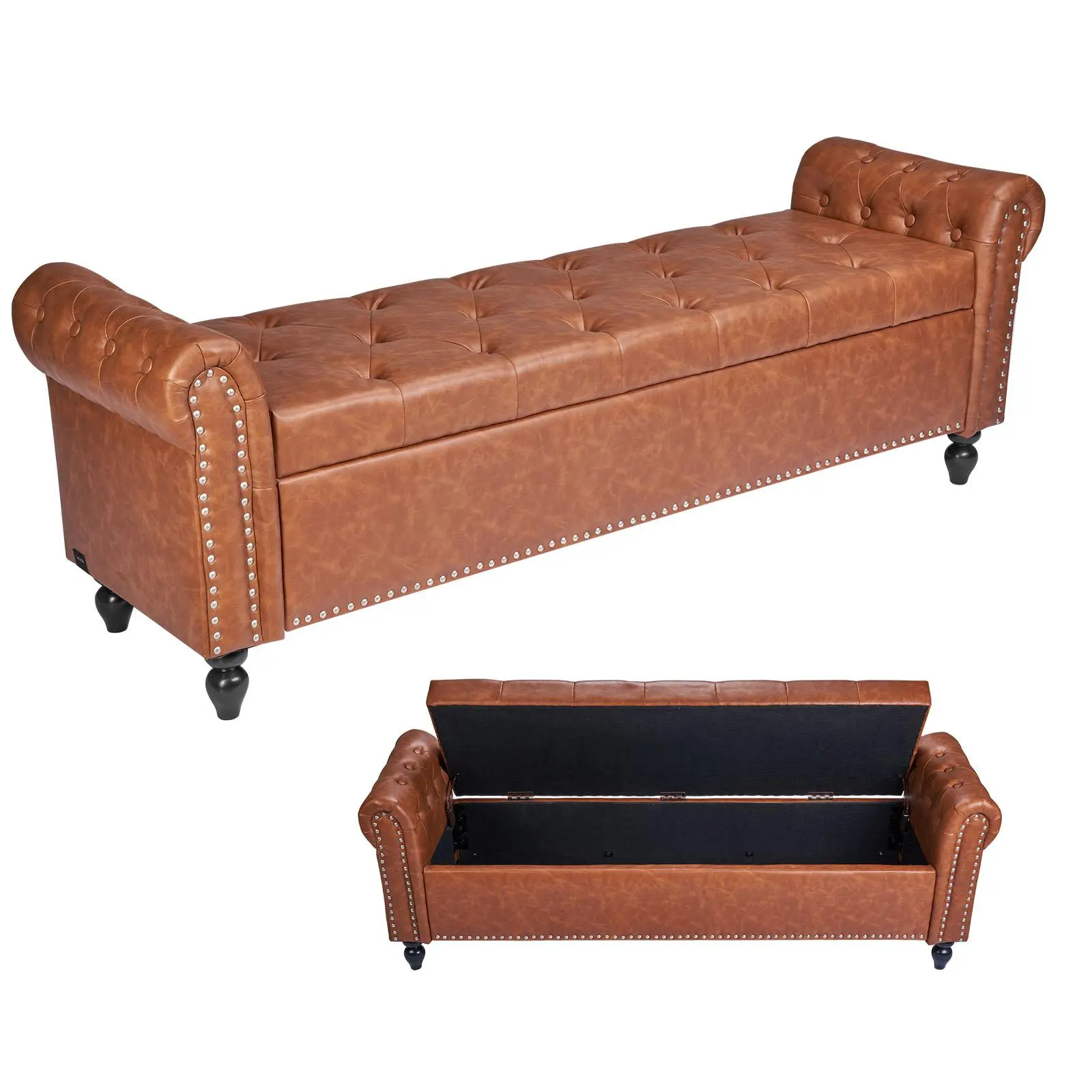 VEVOR Button-Tufted Hidden Storage Ottoman Bench, Rolled Arm PU Leather with Solid Wood Legs & Solid Frame, 400 lbs Capacity Easy Setup Living Room Decor for Entryway, Brown#BacktoSchool