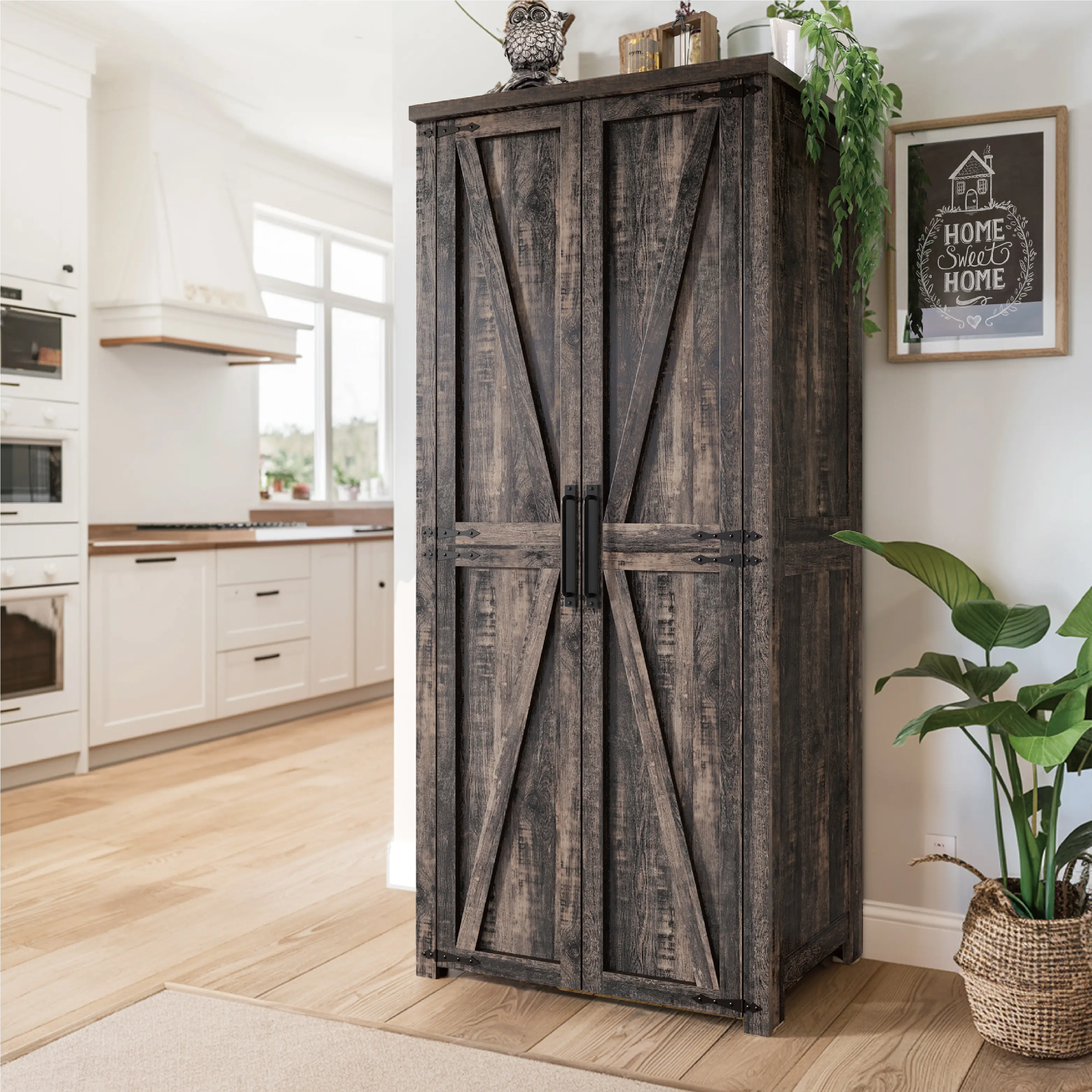 71-Inch Farmhouse LED Storage Cupboard - Storage Unit, Kitchen Pantry Cabinet with 2 Doors and Adjustable Shelves for Space-Saving in Dining Room, Living Room Wood Top Cabinets Steel Frame Cabinet