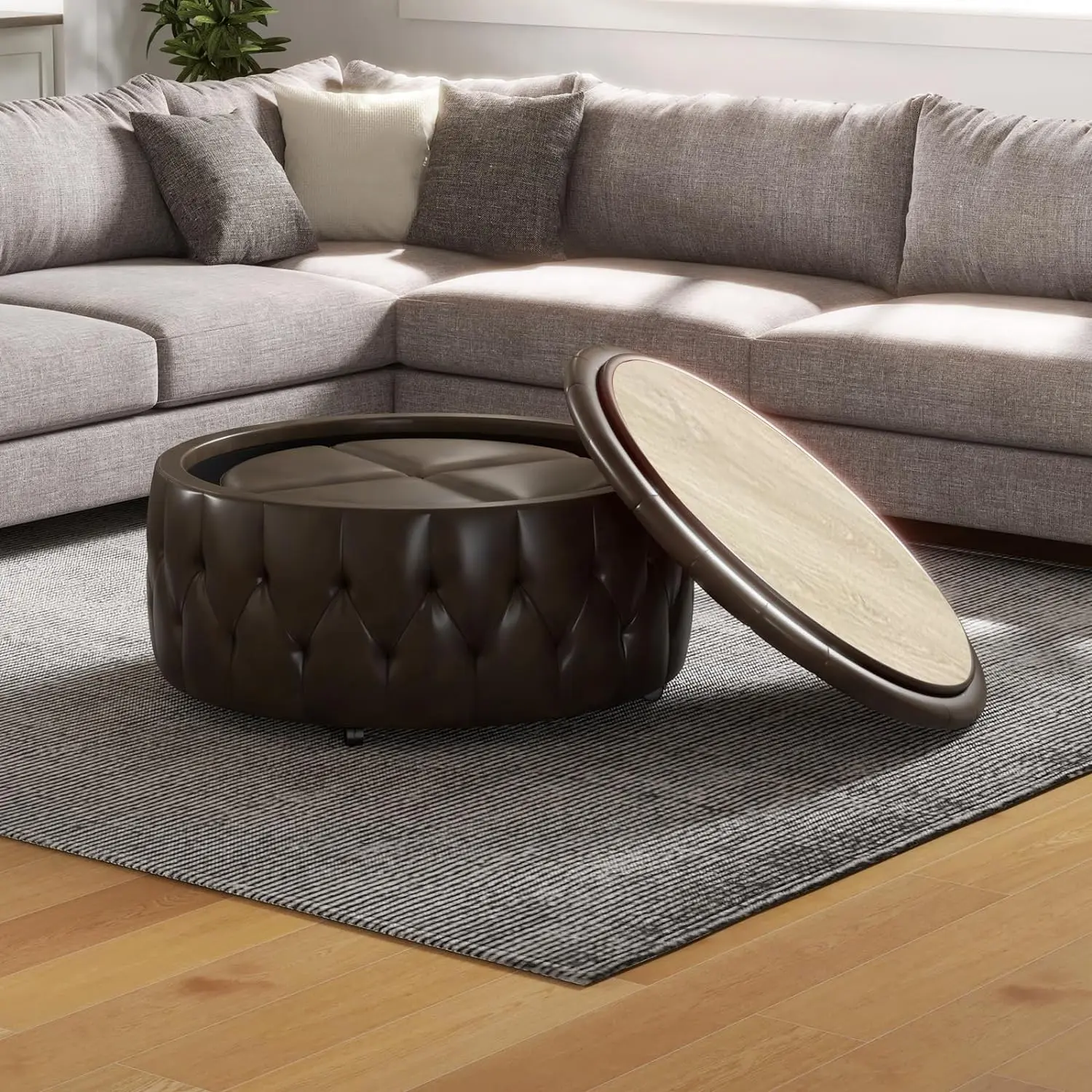 [BACK TO SCOOL] Ebello 32" Wide PU Leather Tufted Round Storage Ottoman Large with 4 Wheels, Brown