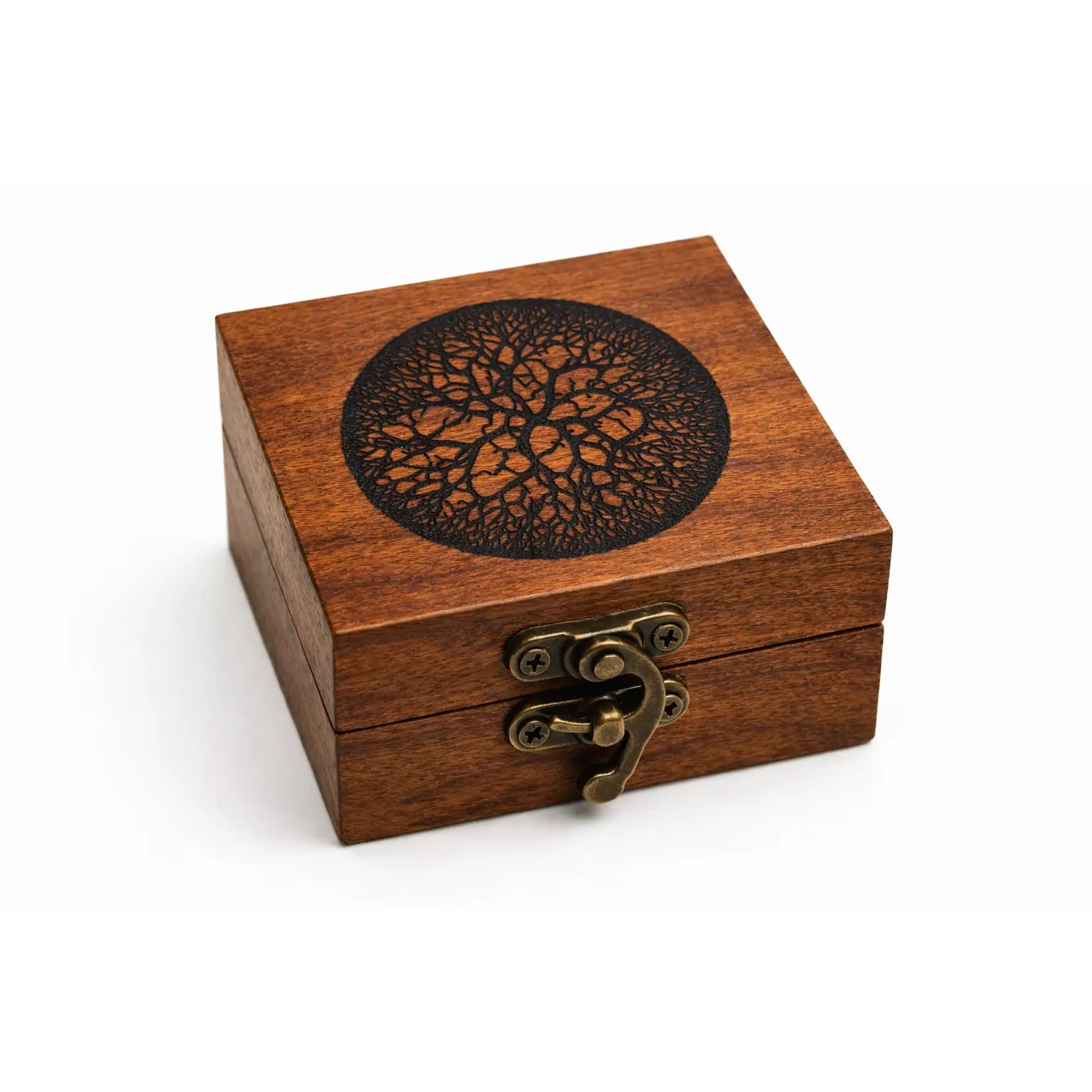 Engraved Wooden Keepsake Box – Circle Design | Handcrafted Cherry with Antique Brass Latch | Gift Box for Rings, Jewelry, or Small Valuables