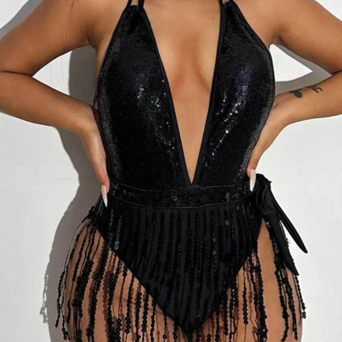 Women’s One Piece Black V Cut Front Bikini Swimsuit with Tassel Cover Skirt