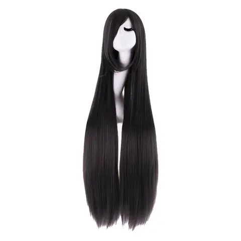 Unisex Black Kanekalon Hair Synthetic Full Wig - 40 in (100 cm) Long Straight Oblique Bangs, Knotless High Temperature Fiber, No Middle Part, Adjustable for Cosplay with Anime-Ready Look