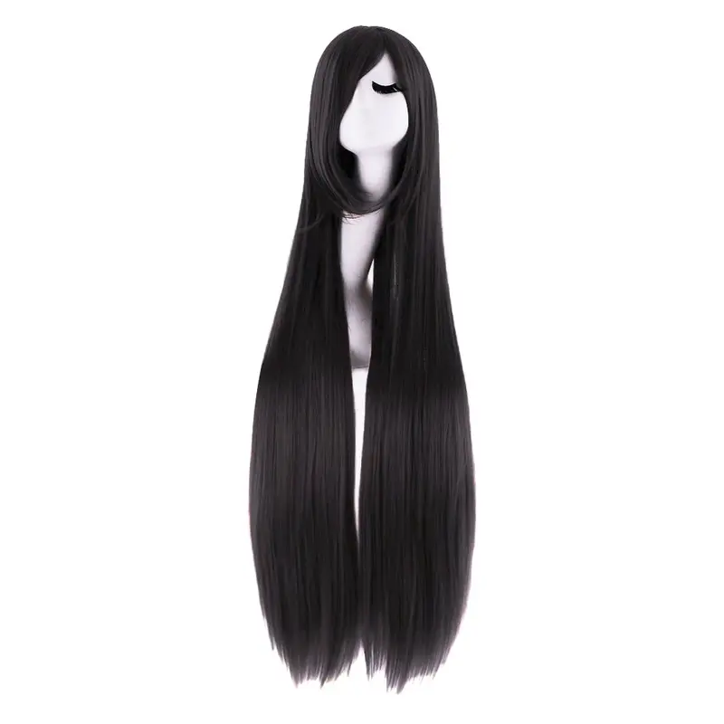 Unisex Black Kanekalon Hair Synthetic Full Wig - 40 in (100 cm) Long Straight Oblique Bangs, Knotless High Temperature Fiber, No Middle Part, Adjustable for Cosplay with Anime-Ready Look