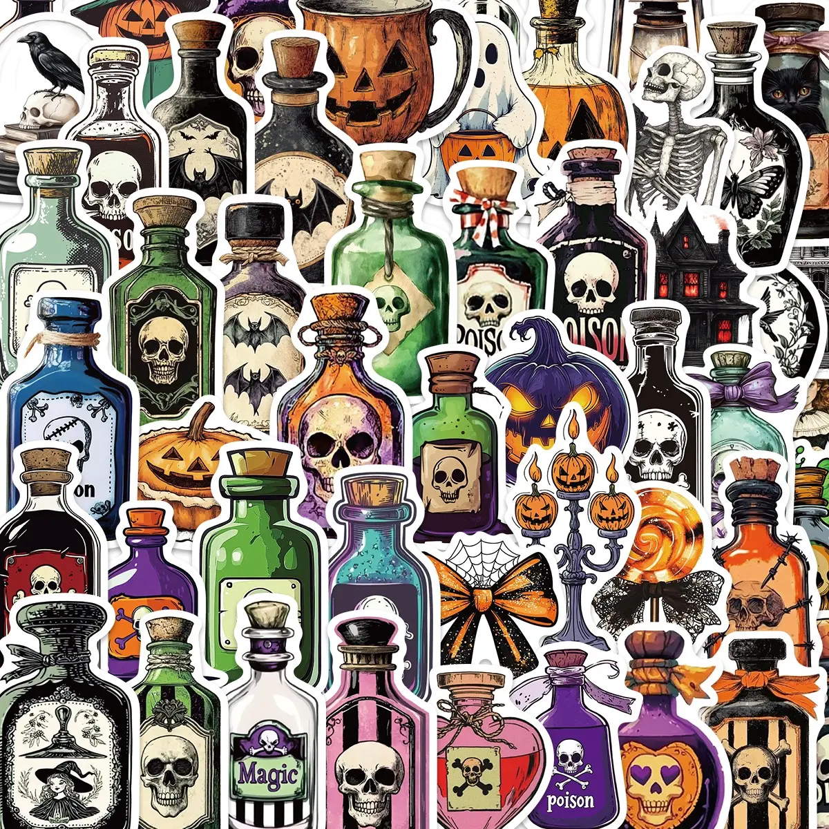 50 Cartoon Halloween Potion Bottle Graffiti Stickers Decorations, Guitar Notebook Luggage DIY Decals, Universal Flat Stickers, DIY Decorative Stickers