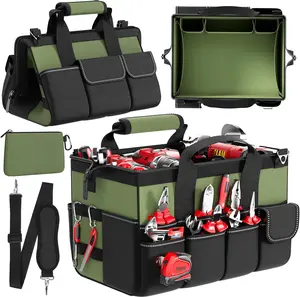 Tool Bag 15.5 Inch with 1 Pouch | 17-Pocket Portable Tool Box Organizer Storage with Adjustable Strap, Soft Handle and Durable Zipper | Heavy Duty Tool Bags for Men, Fathers Day (Green)