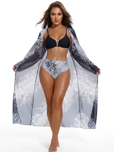 Women's 3-Piece Cheetah Print Stretch Bikini Set - High-Waisted Tummy Control V-Neck V-Hardware Top, Breathable Kimono Cover Up - for Tropical Vacations, Pool Parties