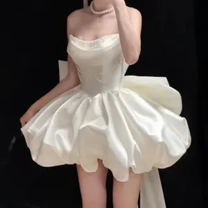 Story Satin Off Shoulder White Short Dress French Inspired for Evening Gala Birthday Graduation or Fashion Event Formal Womenswear