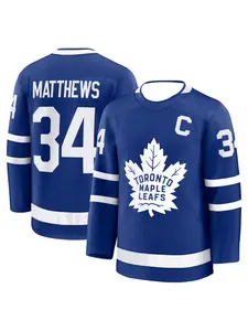 Hockey Jersey - Blue with White Accents "Matthews 34" Captain "C" Classic Maple Leaf Logo Athletic Jersey2026 New Racing-Style Long Sleeve T-Shirt|extreme Men's and Women's T-shirt Breathable Quick Drying Summer Casual Sports Fashion Top