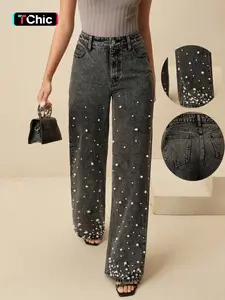 Women's Trendy New Denim Fashion Jeans Pearl Elegance Wide Leg Loose Casual Everyday Long Pants, Fitted H-Type, All Seasons, Plain Pattern