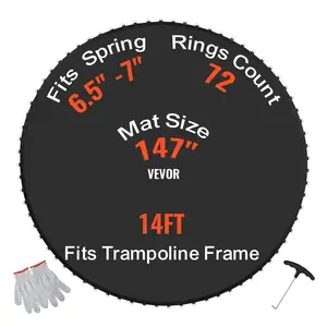 VEVOR Replacement Trampoline Mat, Jumping Mat Fits 14ft Frame, Universal Jumping Mat for 14ft Round Trampoline, Reinforce UV-Resistant Mat with Spring Tool Durable V-Rings, Fit 6.5-7 Spring Length