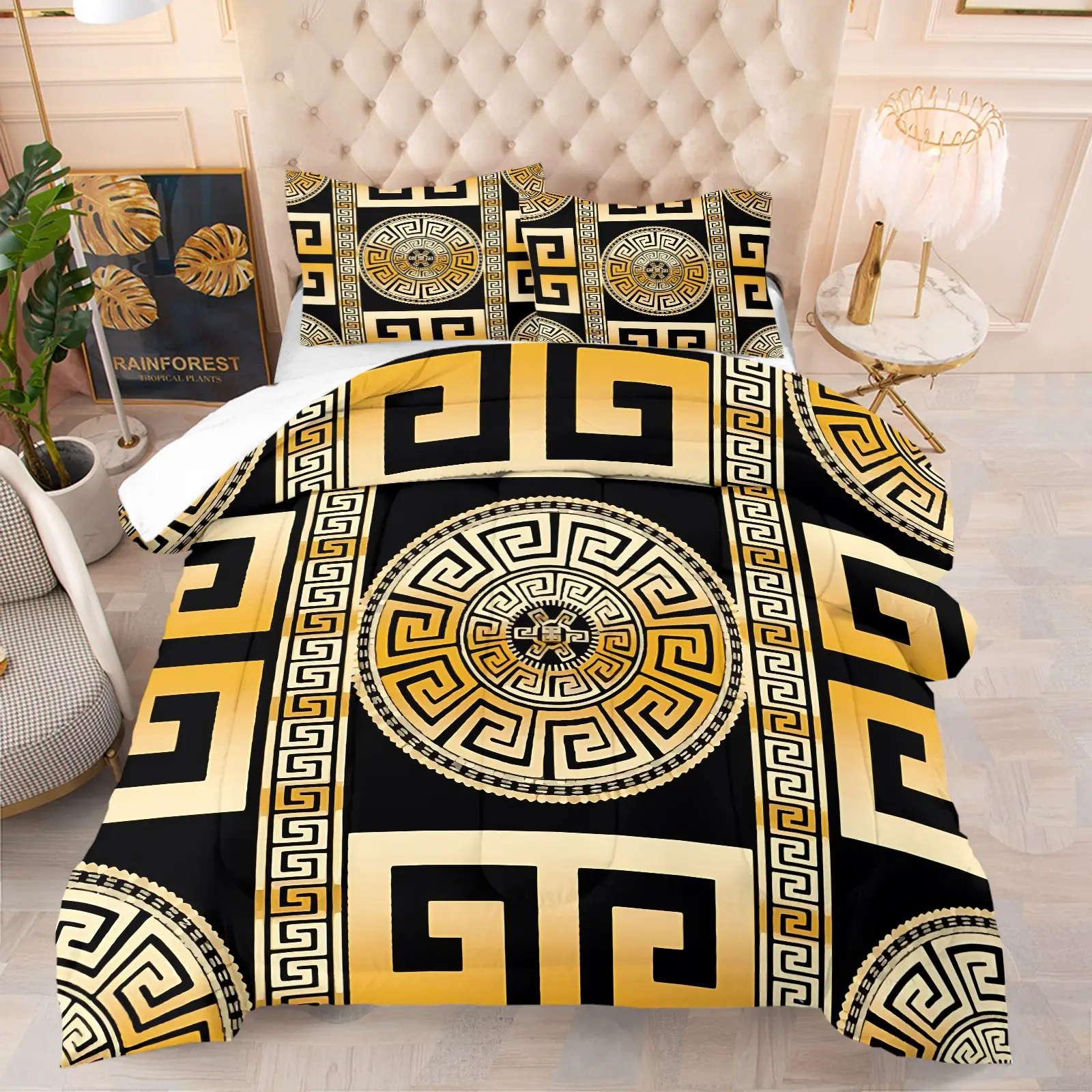 2/3-Piece Vintage Black and Gold Greek Comforter Set, Luxurious Polyester Bedding Set With Geometric Gold Prints, Perfect for Hotel Bedroom Decor, Soft and Breathable, Suitable for Both Men and Women, an Ideal Gift