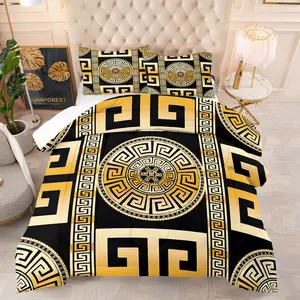 2/3-Piece Vintage Black and Gold Greek Comforter Set, Luxurious Bedding Set With Geometric Gold Prints, Perfect for Hotel Bedroom Decor, Soft and Breathable, Suitable for Both Men and Women, an Ideal Gift
