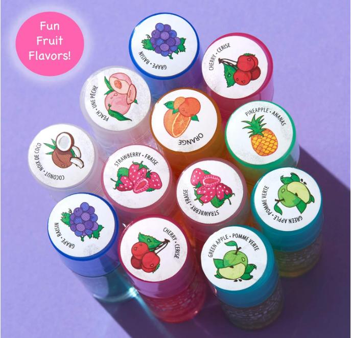 Expressions girl 12pc Roll On Lip Gloss Set with Carrying Case, Glossy Lip Make-up for Kids and Teens - Fruity Flavors