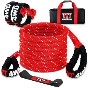 TYT Kinetic Recovery Rope,(1in x 30ft Red) 48000lbs Snatch Strap, Heavy Duty Stretch Nylon Towing Ropes with 2pcs Soft Shackles