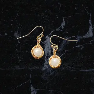 Wire Wrapped Ivory Japanese Pearl Elegant Gold Earrings, 1.3 Inches Long