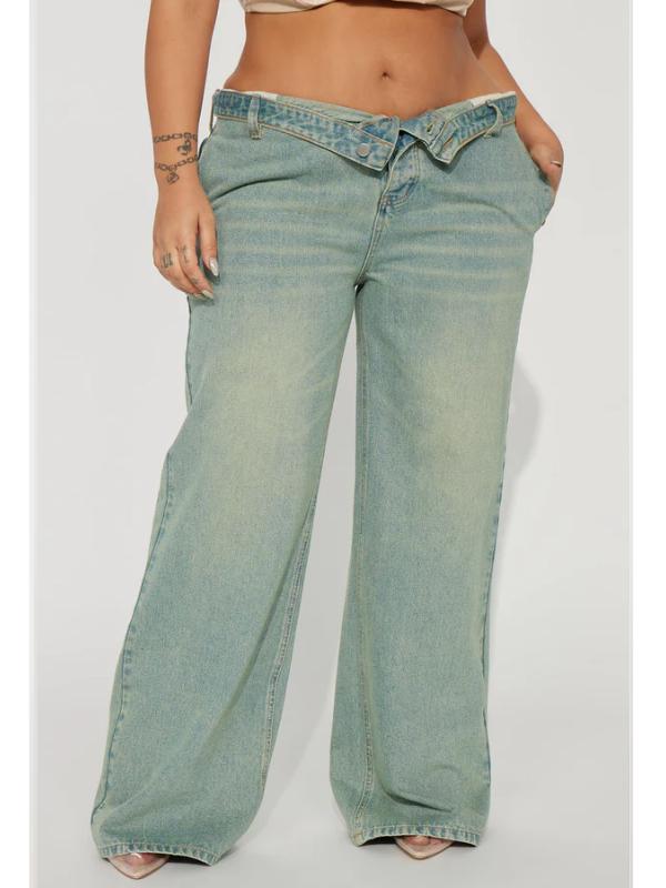 Frankie Foldover Tinted Wide Leg Jeans - 90s Inspired Baggy Style with Mid Rise & Fixed Fold-Over Waistband - 33" Inseam - Medium Wash - 71% Cotton 19% Rayon 10% Polyester
