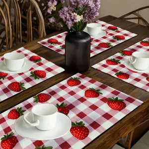 1pc/4pcs/6pcs flax Placemats, Measuring 12X18 Inches, Featuring Strawberries on a Red And White Checkered Tablecloth, Perfect for Festive Dining Decor, Holiday Table Arrangements, And Indoor Or Outdoor Home Kitchen Settings, Suitable for Halloween
