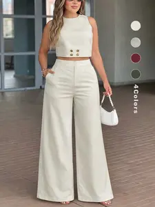 TikTok Viral Spring Summer Two Piece Set for Women, Cropped Sleeveless Top and High Waist Wide Leg Pants, Chic Minimal Outfit for Vacation, Brunch and Day to Night Wear