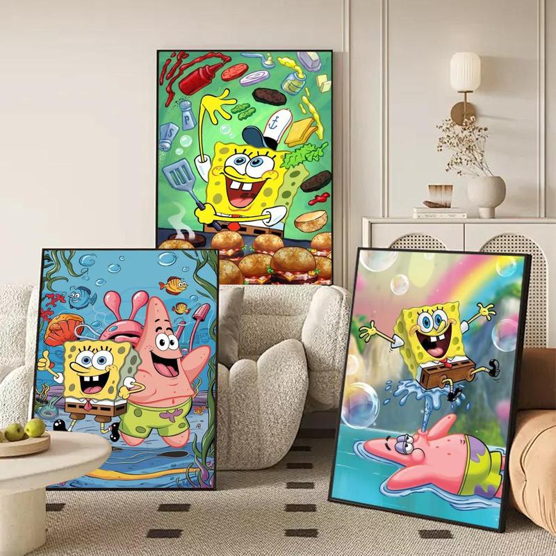 Cartoon S-SpongeBob S-SquarePants Poster Waterproof HD Wall Sticker | Self-Adhesive Decorative Art Poster | Fade-Resistant Scratch-Proof for Long-Term Use | Easy to Apply and Clean | for Home Office Bedroom Living Room Kitchen Decor | Gift Idea
