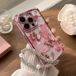 Women's Butterfly Pattern Smartphone Case, Cellphone Handheld Accessory for iPhone 17/16/15/14/13/12/11 Pro Max-Plus, X, XS Max - Pink Chrome Alloy Frame, HD Transparent Material, Reinforced Corners, Drop-Resistant Design