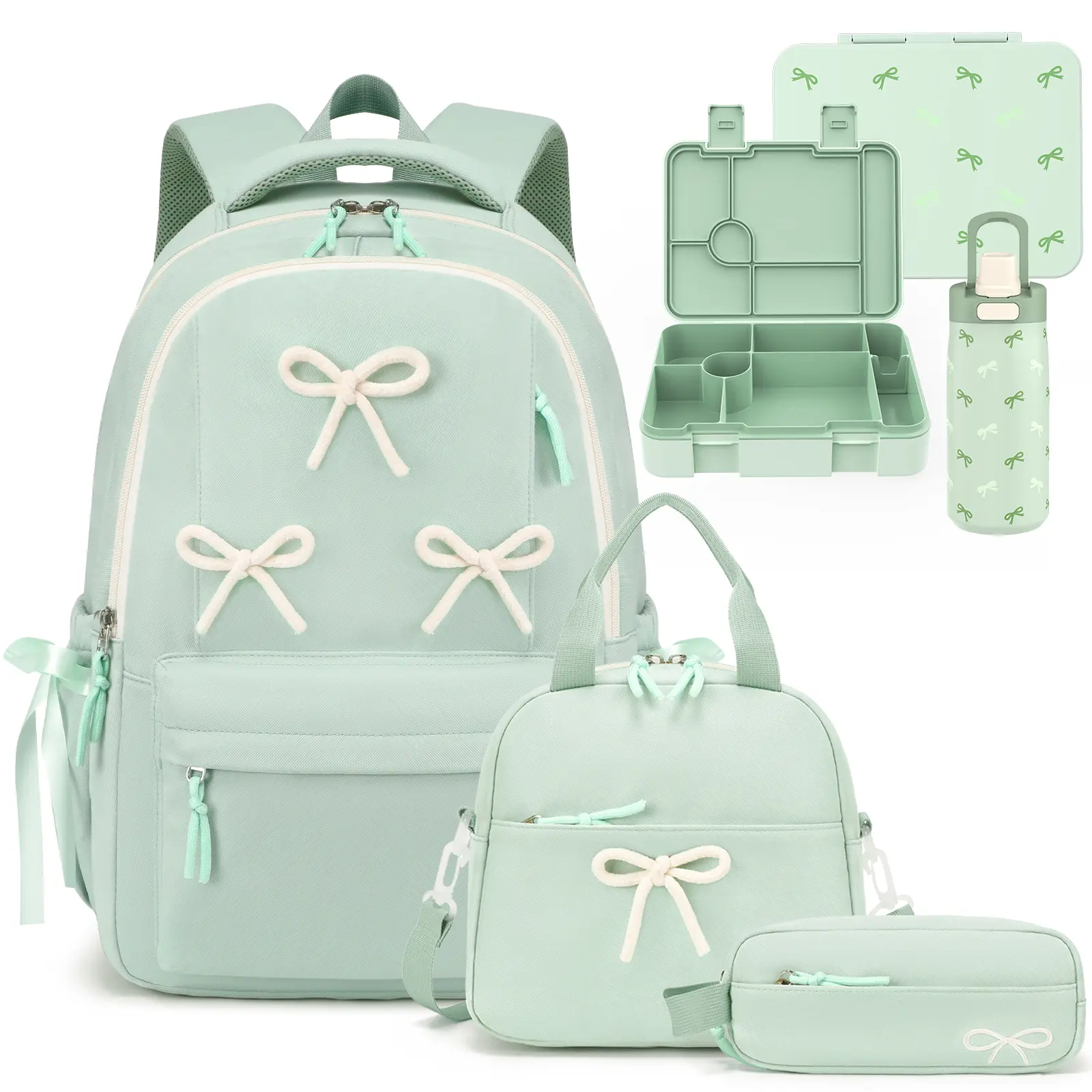SIMILOVE Girls Backpack for School Set - 5PCS Bow Girls Backpack with Lunch Box, Pencil Case, Bento Box & Insulated Water Bottle - Casual Aesthetic Kids Bookbag Back to School Supplies