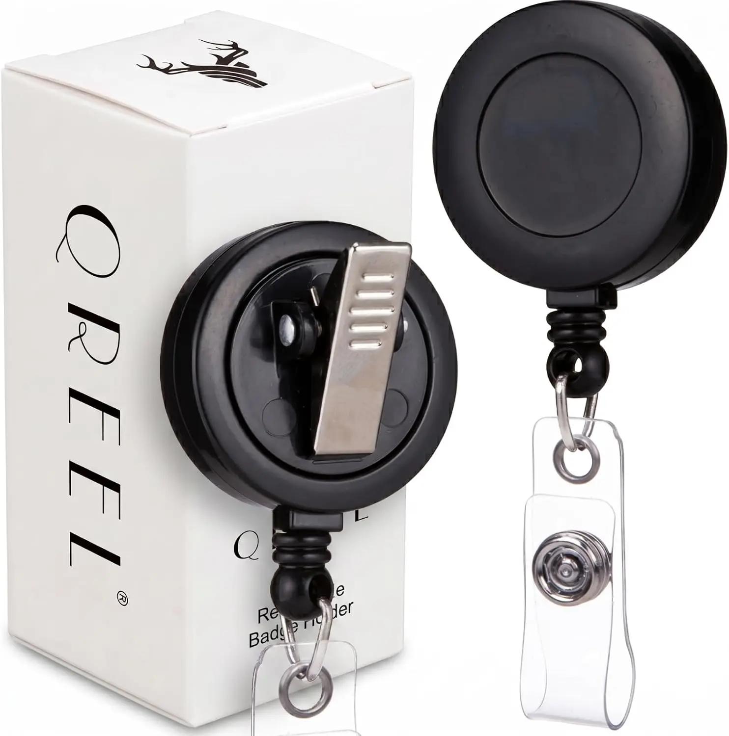 QREEL Badge Reel, ID Badge Holder Retractable Clip, Black, 2 Pack | with 360° Swivel Alligator Clip, 30-Inch Nylon Cord, Simple, Lightweight, Name Tag Holder for Nurse, Office Worker, Teacher