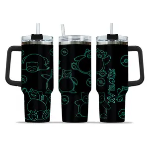 [Sip40 Otaku] Snorlax  PKM 40oz Tumbler With Handle – Anime Gaming Stainless Steel Cup, Snorlax Sleepy Graphic Tumbler, Double Wall Iced Coffee Cup, Cute Style Drinkware, Gift for Anime & Gaming Fans