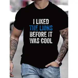 Men's Black Retro Lions Graphic T-Shirt - Distressed "I Liked the Lions Before It Was Cool" Print, 100% Cotton Soft Breathable Crew Neck Tee, Lightweight Casual Summer Shirt for Lions Fans, Machine Washable Regular Fit Vintage Sports Apparel with Distress