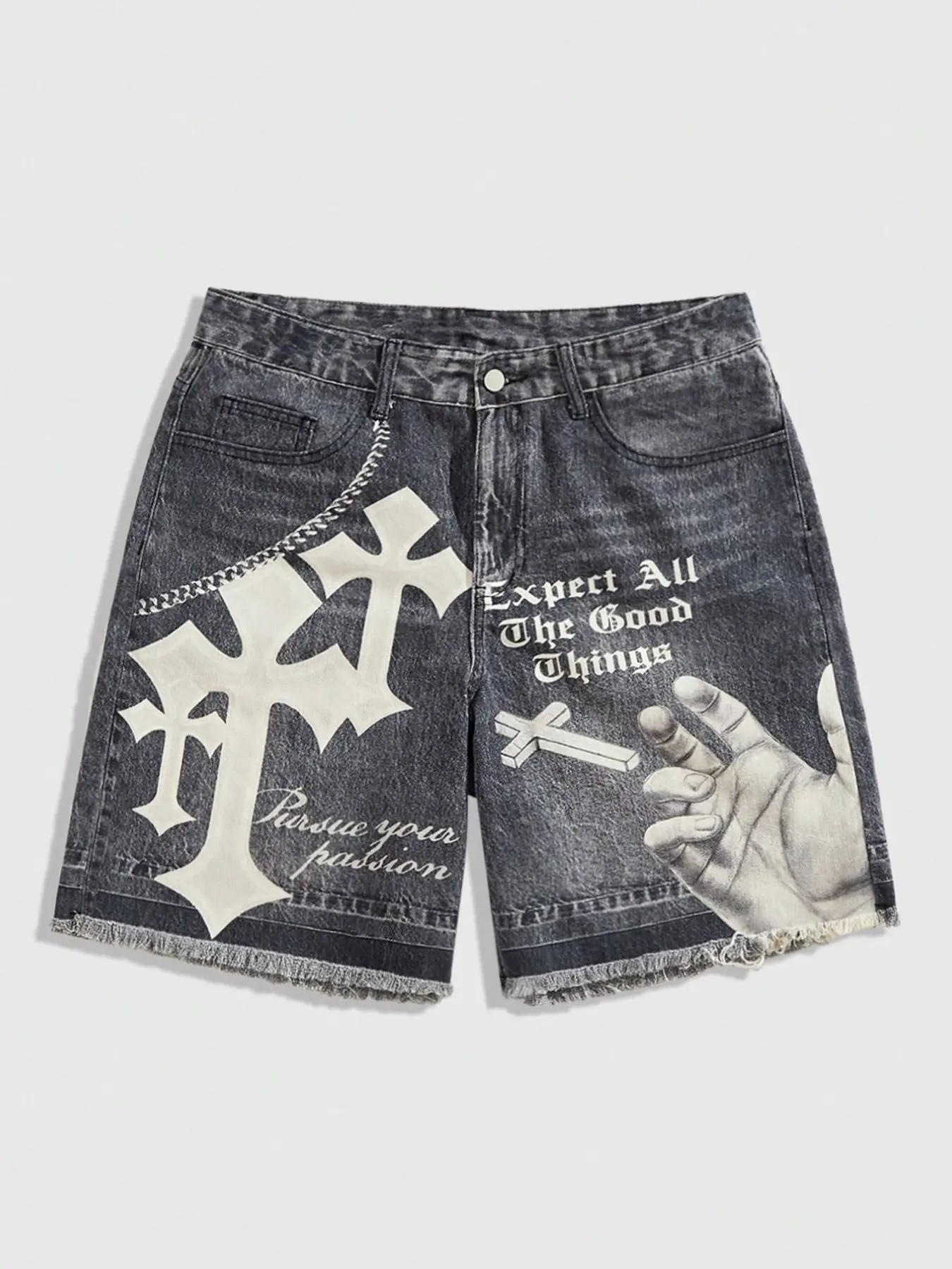 Men's Cross Print Comfy Denim Shorts, Gothic Style, Button Fly, Loose-Fit, Casual Wear, Streetwear, Hip-Hop, Party