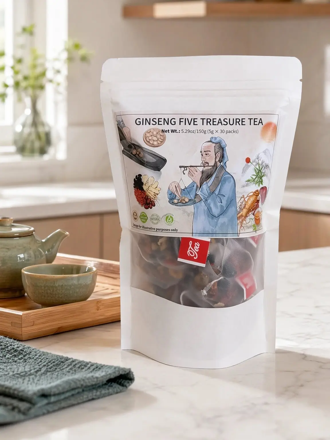 Natural 5-Treasure Organic Herbal Tea Bags for Adults, Sugar-Free Fruity Energy Booster Herbal Tea, Supports Energy & Vitality, Liver & Kidney Health, Daily Detox, Contains Goji Berry, Jujube, Mulberry, Maca, Long-Term Nourishment