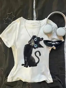 Women's Funny Kitten Graphic Round Neck Cropped Lightweight T-Shirt, Casual Skinny Short Sleeve T-Shirt, Suitable for All Seasons, Fashionable for Everyday Wear Womenswear, Streetwear