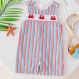 Baby Boy Crab Embroidered Striped Sleeveless Bodysuit 0-18M Infant One Piece Summer Jumpsuit C510