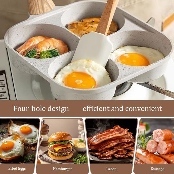 Complete Breakfast Set: 4-Cup Granite Nonstick Egg Pan with Free Spatula & Oil Brush – Your All-in-One Omelette & Pancake Maker Multifunction Non-Stick Egg Frying Pan