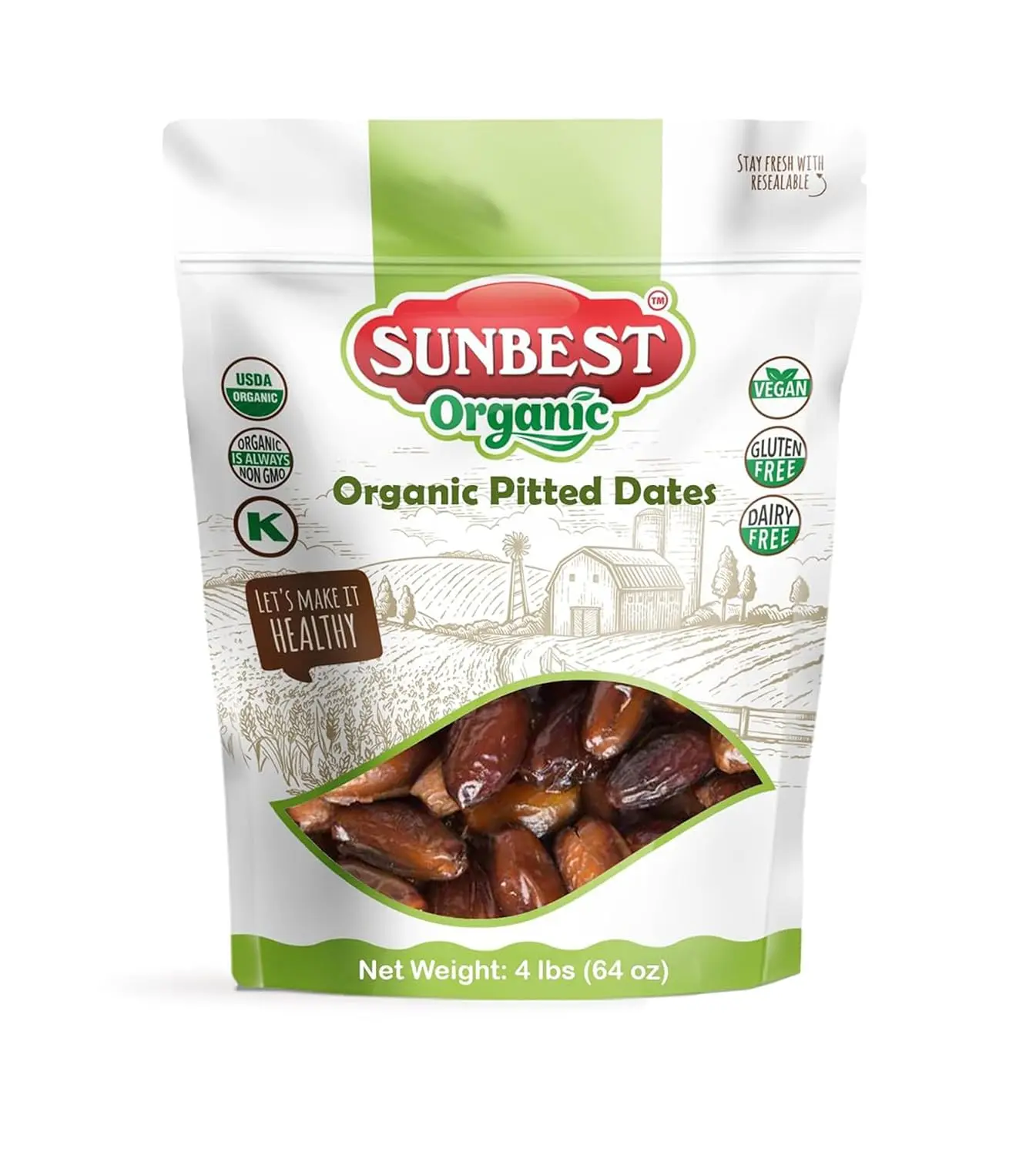 Organic Deglet Noor Dates from Sunbest Natural - 4 Pound Bulk Bag (64 oz) USDA Certified, Sun-Dried & Non-GMO, Vegan, Kosher, Naturally Sweet, Ideal for Digestive Support, Extra Fiber & Snacking Recipes