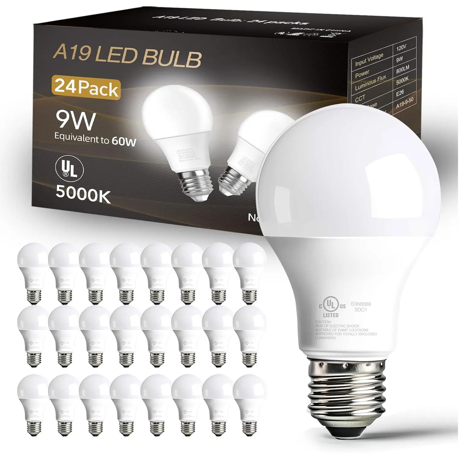 24 Pack LED Bulbs Daylight White 5000K, 60 Watt Equivalent A19 Standard Bulbs, E26 Base, 800 LM, Efficient 9W Energy Saving, Non-Dimmable, 80+ CRI, 120V, UL Listed, for Living Room, Office