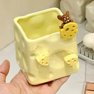 ELITEQUO Ceramic Square Storage Box – Cute Cheese‑Style Design, Multifunctional Desk & Home Organizer for Pens, Makeup Brushes, Succulents & More