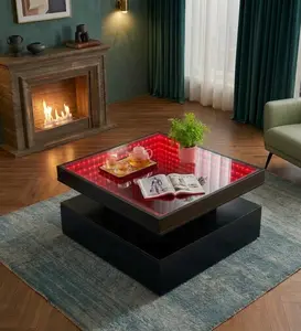 LED Square Coffee Table with Storage, 31.5" RGB Glass Top Coffee Table for Living Room, Modern Black Center Table with LED Lights, Low Coffee Table for Apartment & Home Decor