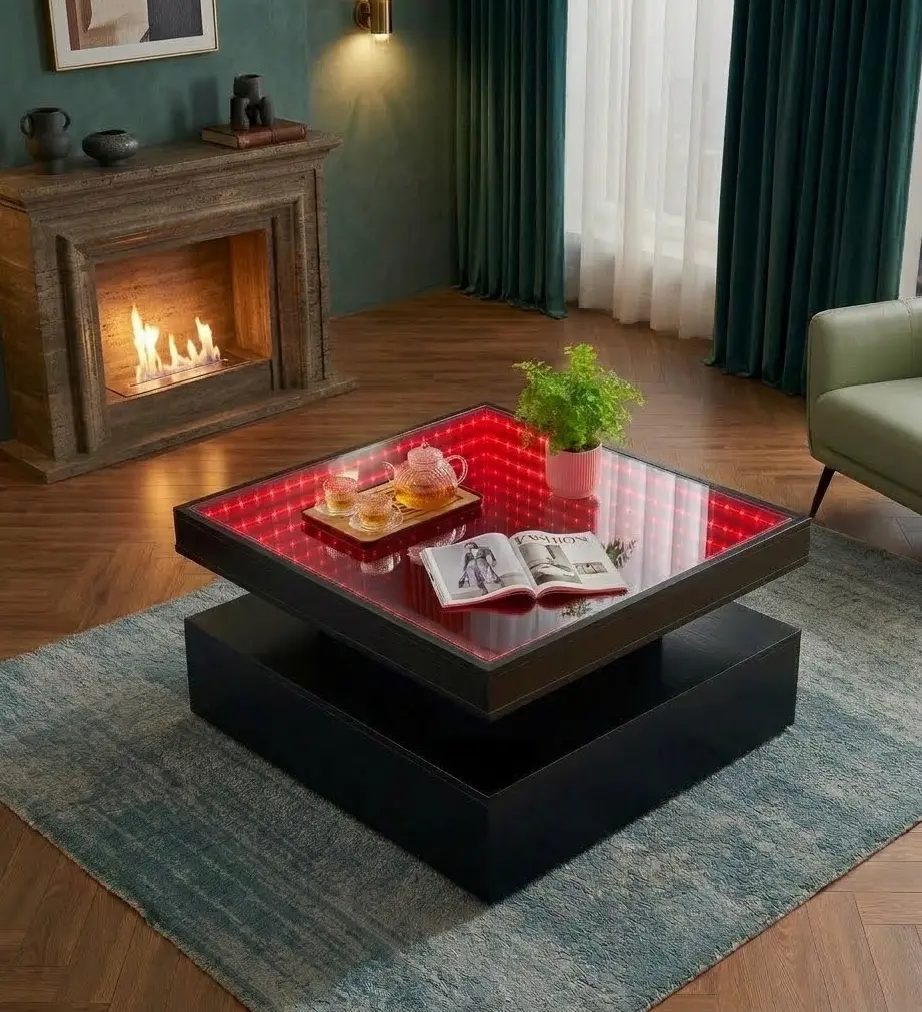 LED Square Coffee Table with Storage, 31.5" RGB Glass Top Coffee Table for Living Room, Modern Black Center Table with LED Lights, Low Coffee Table for Apartment & Home Decor