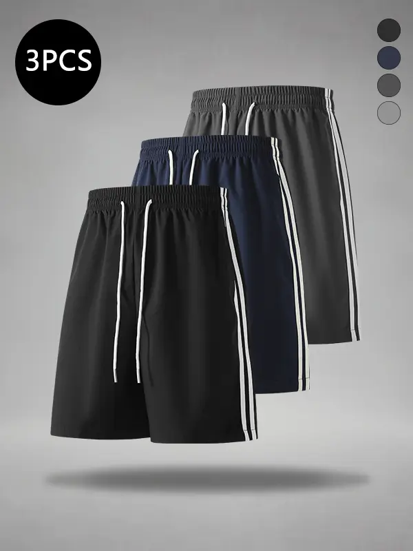 Men’s ultra-lightweight polyester athletic shorts for summer, wrinkle-resistant, high-stretch, quick-drying fabric; striped fitness training shorts suitable for streetwear and gym wear.