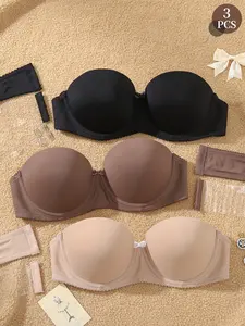 3PCS Women's Seamless strapless Push-Up Bra,Underwire Anti‑sagging Invisible Bandeau Multiway Adjustable Detachable Straps Comfortable Dates Night, Backless off-shoulder