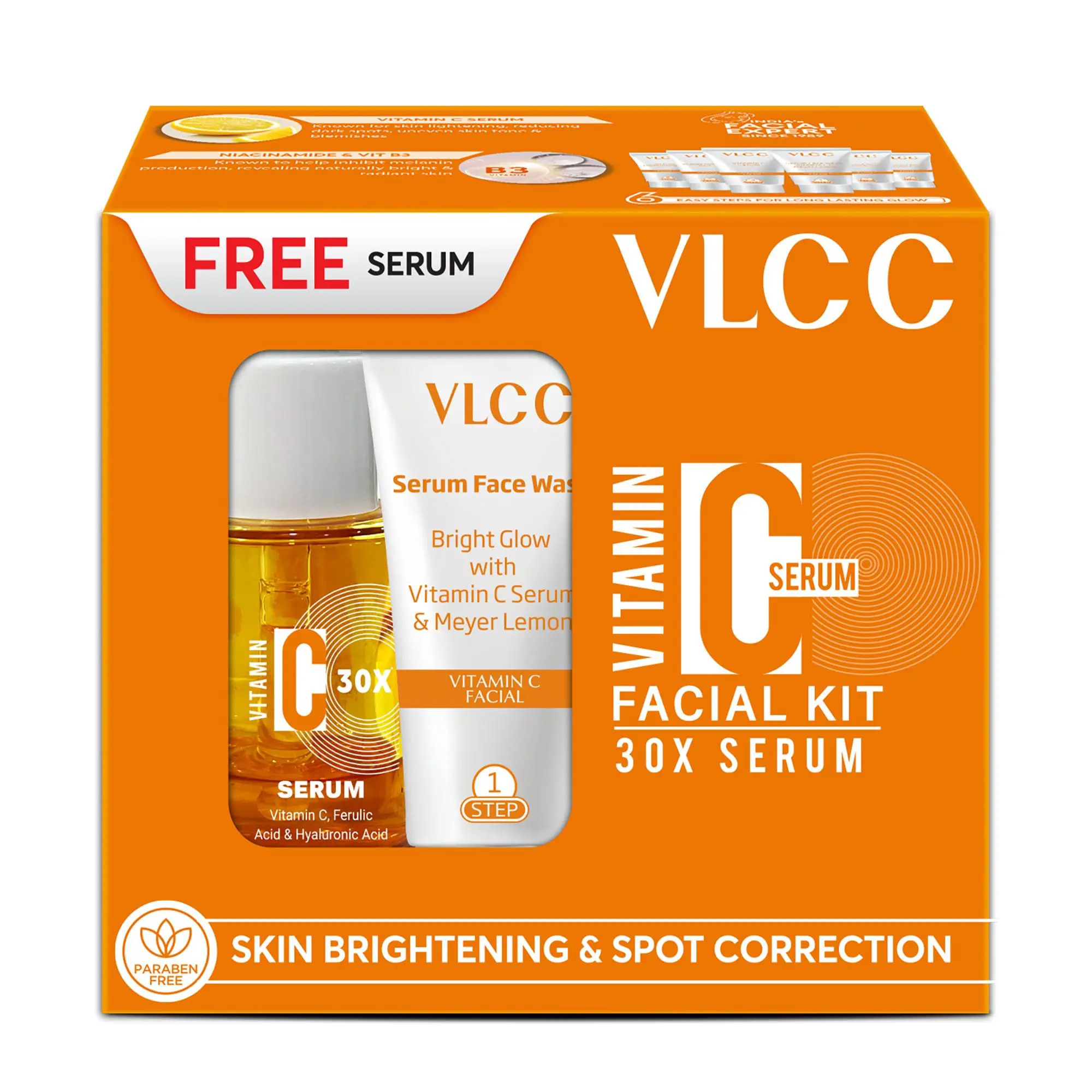 VLCC Vitamin C Facial Kit - Includes 6 Skin Care Products - Face Wash, Face Scrub, Massage Cream, Serum, Mask and Gel with Hyaluronic Acid - 6 pc Set