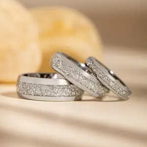 Matching Silver Tungsten Rings with White Lab Diamond Inlay - 4MM, 6MM, 8MM